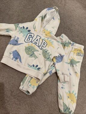 GAP Kids Cream Hoodie with Blue, Green & Yellow Dinosaur Print
